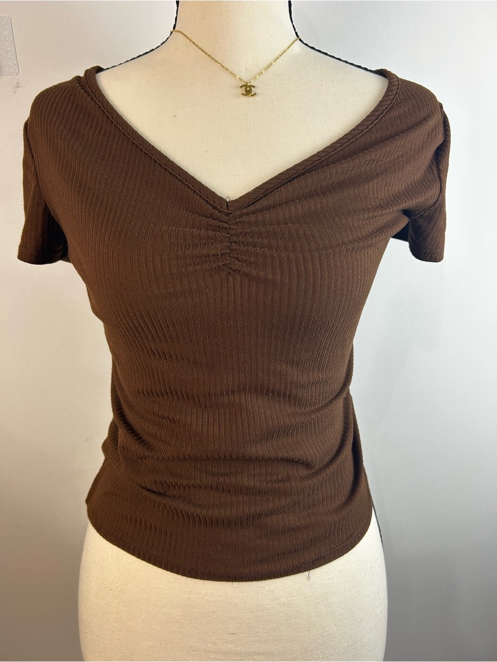 YMI Chocolate Brown V-Neck Ruched Tee